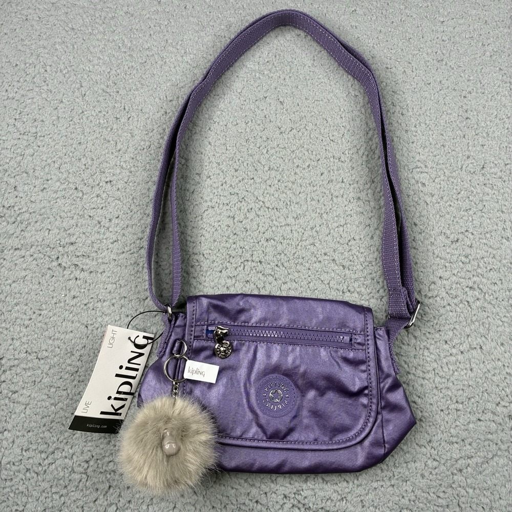 Kipling Sabian Metallic Mauve Nylon Crossbody Bag Monkey Keychain NWT